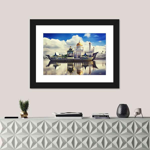 Sultan Omar Ali Saifudding Mosque Canvas Wall Art-1 Piece-Framed Print-42" x 14"-Tiaracle