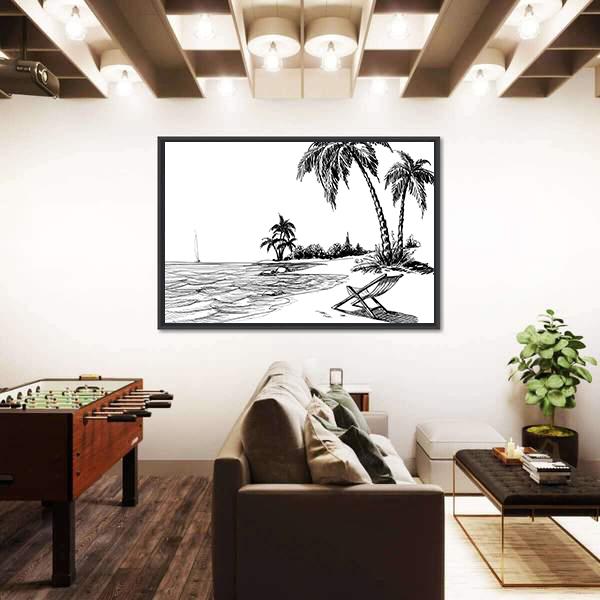 Summer Beach Pencil Drawing Canvas Wall Art-1 Piece-Floating Frame-24" x 16"-Tiaracle