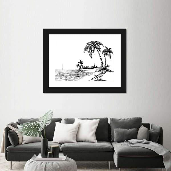 Summer Beach Pencil Drawing Canvas Wall Art-1 Piece-Framed Print-20" x 16"-Tiaracle