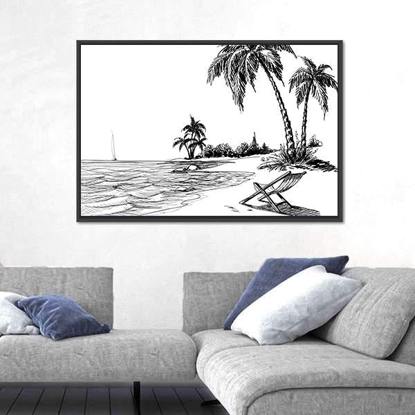 Summer Beach Pencil Drawing Canvas Wall Art-5 Horizontal-Gallery Wrap-22" x 12"-Tiaracle