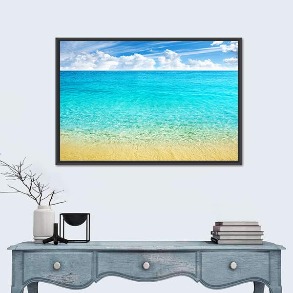Summer Beach With Clear Water And Blue Cloudy Sky Canvas Wall Art-1 Piece-Floating Frame-24" x 16"-Tiaracle