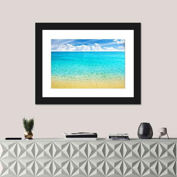 Summer Beach With Clear Water And Blue Cloudy Sky Canvas Wall Art-1 Piece-Framed Print-20" x 16"-Tiaracle
