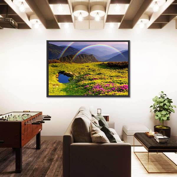 Summer Landscape In Mountains With Flowers A Rainbow And Lake Canvas Wall Art-5 Horizontal-Gallery Wrap-22" x 12"-Tiaracle