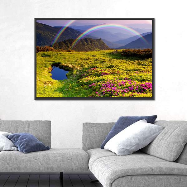 Summer Landscape In Mountains With Flowers A Rainbow And Lake Canvas Wall Art-5 Horizontal-Gallery Wrap-22" x 12"-Tiaracle