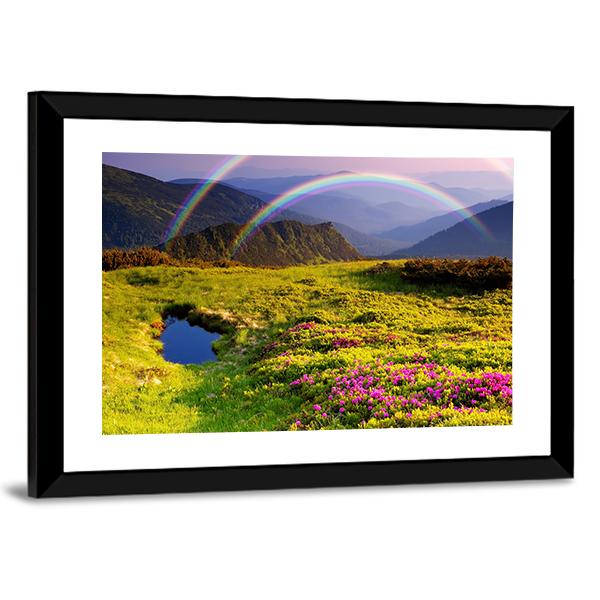 Summer Landscape In Mountains With Flowers A Rainbow And Lake Canvas Wall Art-5 Horizontal-Gallery Wrap-22" x 12"-Tiaracle