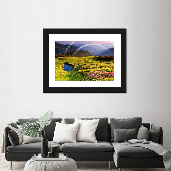 Summer Landscape In Mountains With Flowers A Rainbow And Lake Canvas Wall Art-5 Horizontal-Gallery Wrap-22" x 12"-Tiaracle