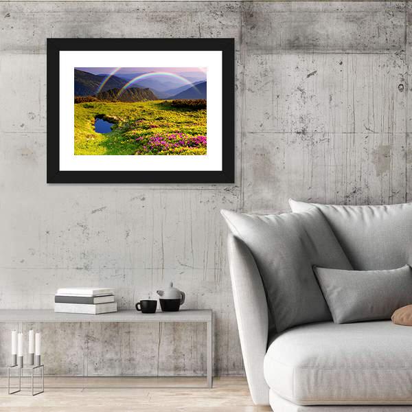Summer Landscape In Mountains With Flowers A Rainbow And Lake Canvas Wall Art-5 Horizontal-Gallery Wrap-22" x 12"-Tiaracle