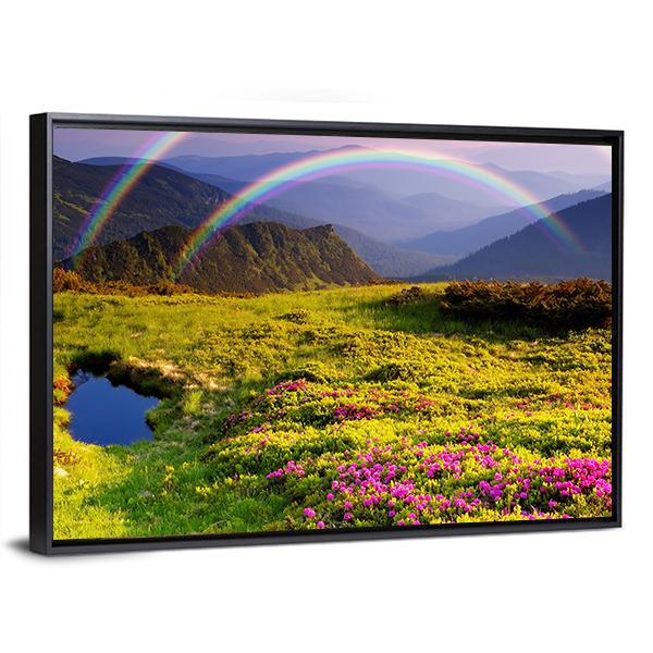 Summer Landscape In Mountains With Flowers A Rainbow And Lake Canvas Wall Art-5 Horizontal-Gallery Wrap-22" x 12"-Tiaracle