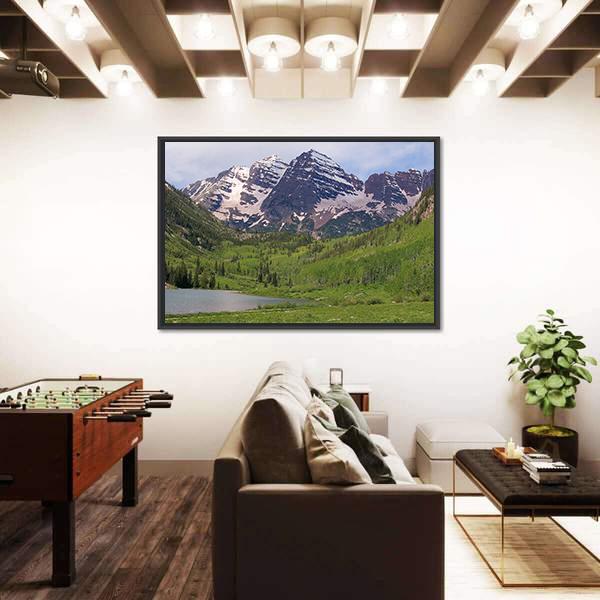 Summer Maroon Bells At Noon Canvas Wall Art-1 Piece-Floating Frame-24" x 16"-Tiaracle