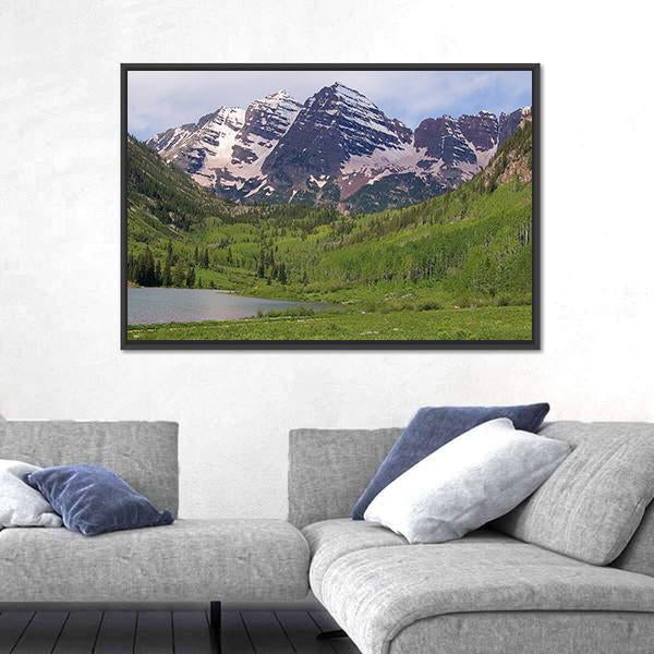 Summer Maroon Bells At Noon Canvas Wall Art-5 Horizontal-Gallery Wrap-22" x 12"-Tiaracle