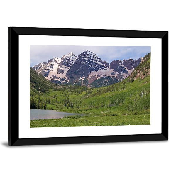 Summer Maroon Bells At Noon Canvas Wall Art-5 Horizontal-Gallery Wrap-22" x 12"-Tiaracle