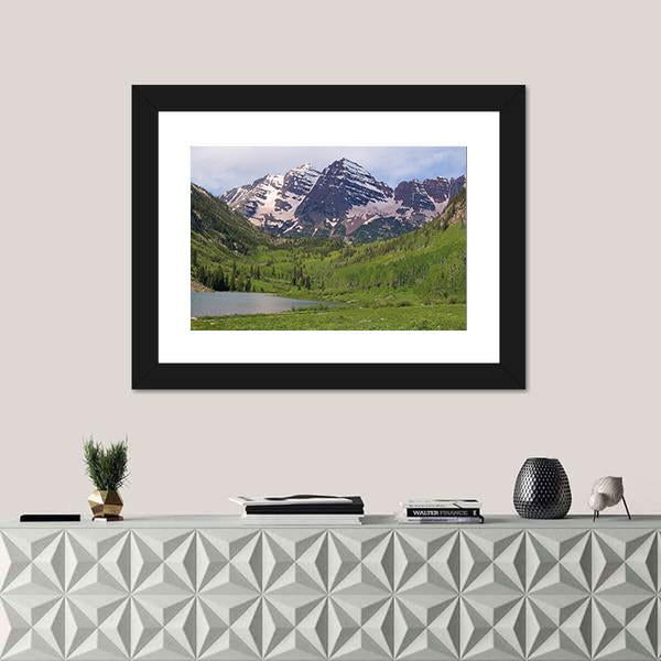 Summer Maroon Bells At Noon Canvas Wall Art-5 Horizontal-Gallery Wrap-22" x 12"-Tiaracle
