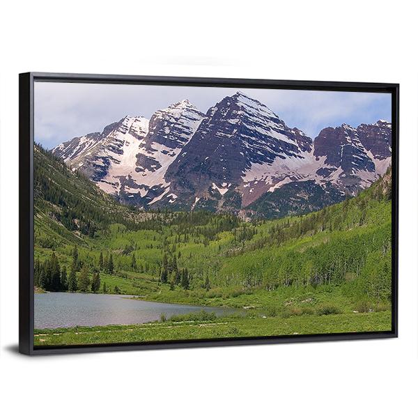 Summer Maroon Bells At Noon Canvas Wall Art-5 Horizontal-Gallery Wrap-22" x 12"-Tiaracle