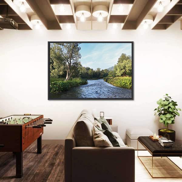 Summer Misty Morning On The River Canvas Wall Art-1 Piece-Floating Frame-36" x 24"-Tiaracle