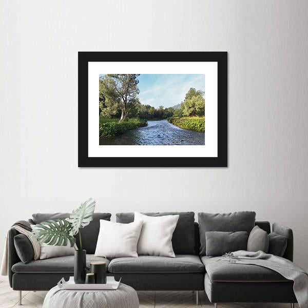Summer Misty Morning On The River Canvas Wall Art-1 Piece-Framed Print-30" x 20"-Tiaracle