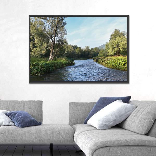 Summer Misty Morning On The River Canvas Wall Art-5 Horizontal-Gallery Wrap-22" x 12"-Tiaracle