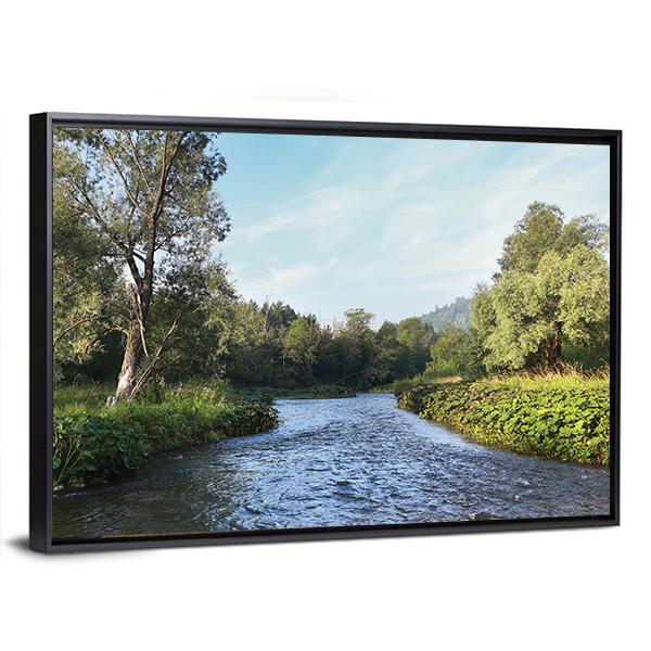 Summer Misty Morning On The River Canvas Wall Art-5 Horizontal-Gallery Wrap-22" x 12"-Tiaracle