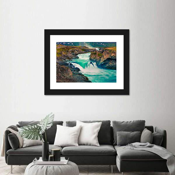 Summer Morning Scene On Godafoss Waterfall Canvas Wall Art-1 Piece-Framed Print-42" x 14"-Tiaracle