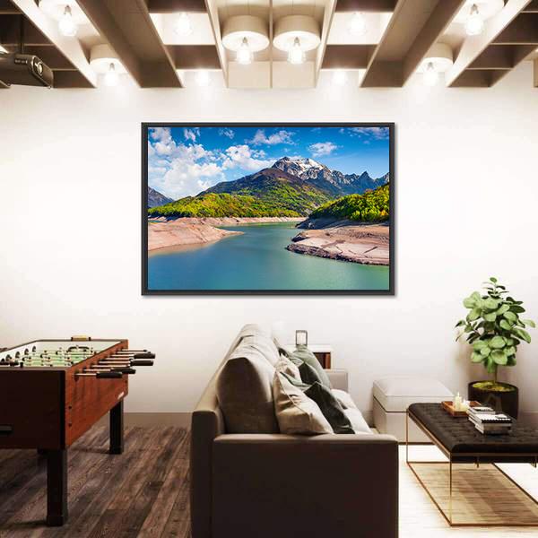 Summer Panorama Of The Lac du Sautet Lake Canvas Wall Art-1 Piece-Floating Frame-36" x 24"-Tiaracle