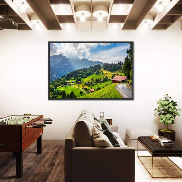 Summer View Of Wengen Village Canvas Wall Art-1 Piece-Floating Frame-36" x 24"-Tiaracle