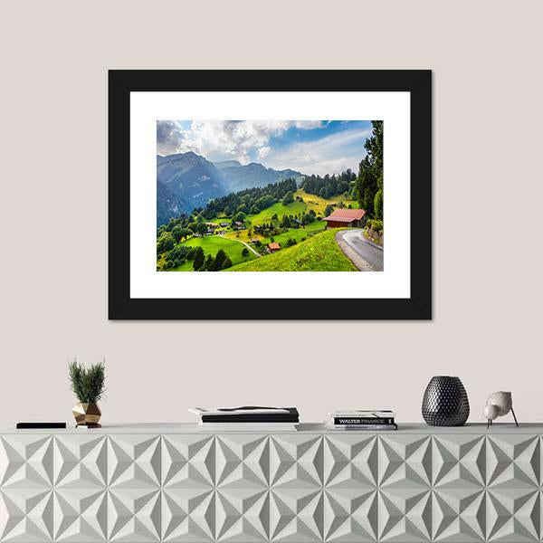 Summer View Of Wengen Village Canvas Wall Art-1 Piece-Framed Print-42" x 14"-Tiaracle