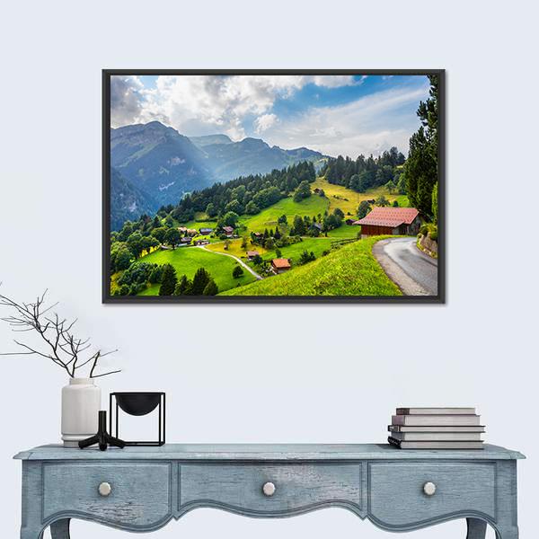 Summer View Of Wengen Village Canvas Wall Art-5 Horizontal-Gallery Wrap-22" x 12"-Tiaracle
