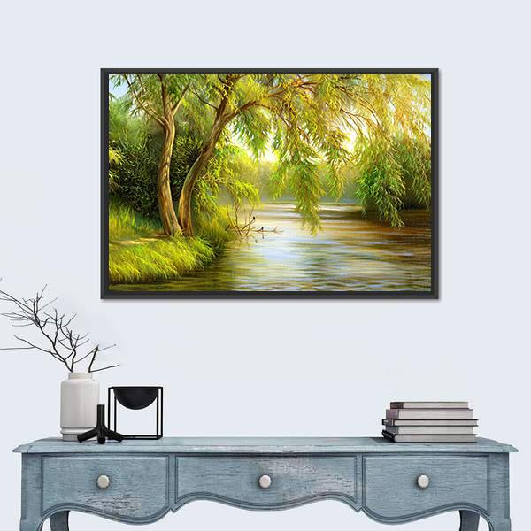 Summer Wood Lake With Trees Canvas Wall Art-1 Piece-Floating Frame-24" x 16"-Tiaracle
