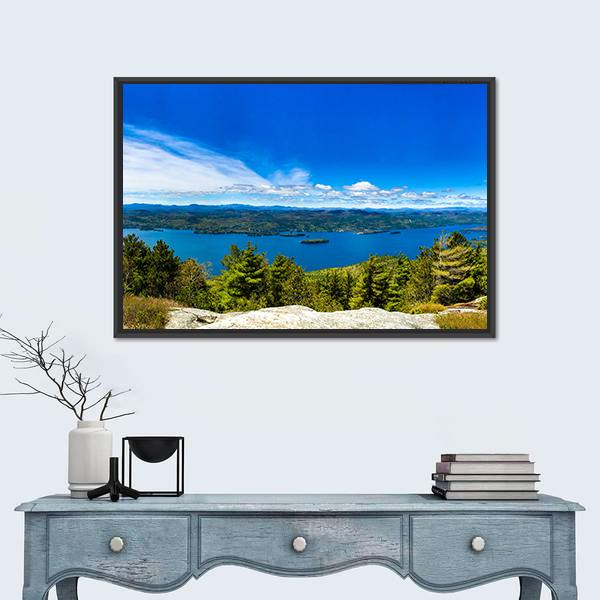 Buck Mountain Summit at Lake George Canvas Wall Art in green and blue, framed canvas, product view on a white background