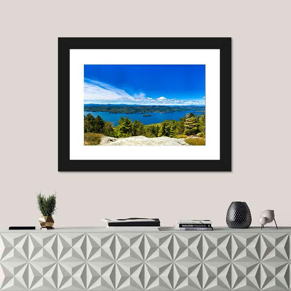 Buck Mountain Summit at Lake George Canvas Wall Art in green and blue, framed print, product view on a white background
