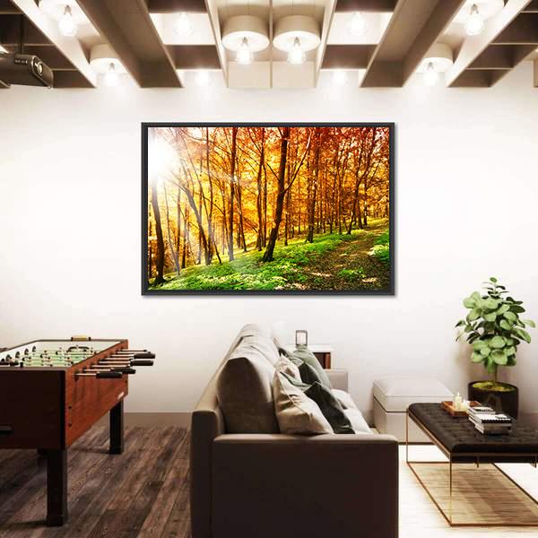 Sun In The Autumn Forest Canvas Wall Art-1 Piece-Floating Frame-24" x 16"-Tiaracle