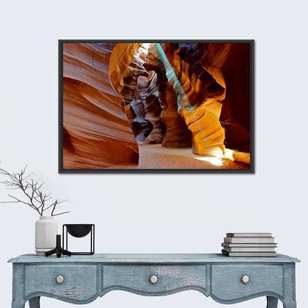 Sun Light Beam Shining Through The Upper Antelope Slot Canyon Canvas Wall Art-1 Piece-Floating Frame-24" x 16"-Tiaracle