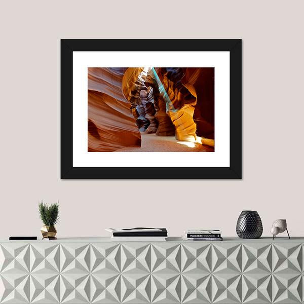 Sun Light Beam Shining Through The Upper Antelope Slot Canyon Canvas Wall Art-1 Piece-Framed Print-20" x 16"-Tiaracle