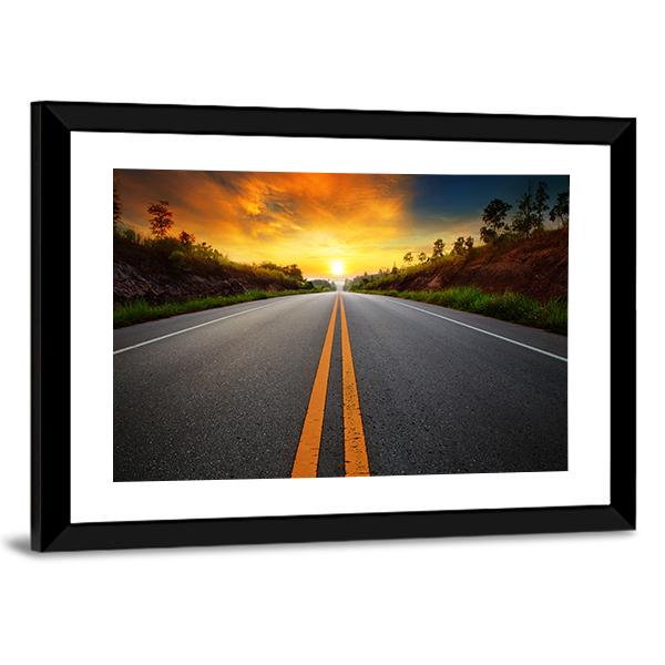 Sun Rising Sky With Asphalt Highways Road Canvas Wall Art-5 Horizontal-Gallery Wrap-22&quot; x 12&quot;-Tiaracle