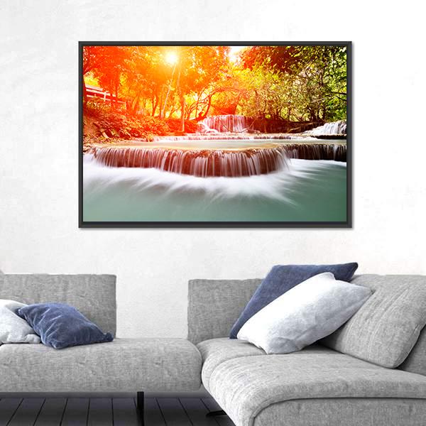 Sun Shines At Tadklangsi Waterfall Canvas Wall Art-5 Horizontal-Gallery Wrap-22" x 12"-Tiaracle