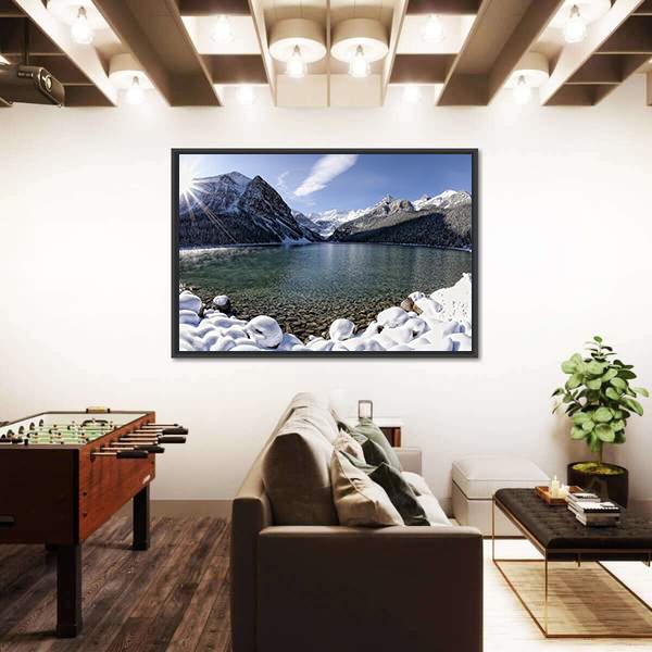 Sun Shining Over Lake Louise With Mountains Canvas Wall Art-1 Piece-Floating Frame-24" x 16"-Tiaracle