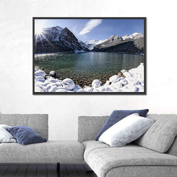 Sun Shining Over Lake Louise With Mountains Canvas Wall Art-5 Horizontal-Gallery Wrap-22" x 12"-Tiaracle