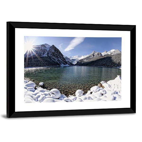 Sun Shining Over Lake Louise With Mountains Canvas Wall Art-5 Horizontal-Gallery Wrap-22" x 12"-Tiaracle