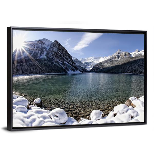 Sun Shining Over Lake Louise With Mountains Canvas Wall Art-5 Horizontal-Gallery Wrap-22" x 12"-Tiaracle