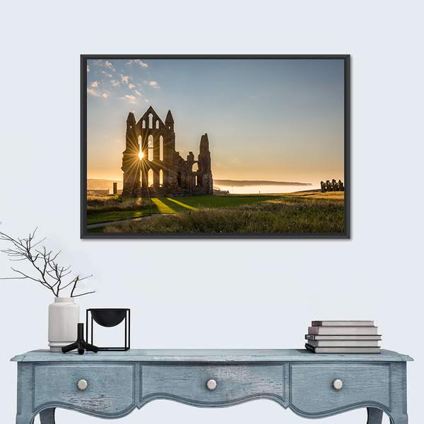 Sun Star On Whitby Abbey Canvas Wall Art-1 Piece-Floating Frame-24" x 16"-Tiaracle