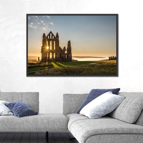 Sun Star On Whitby Abbey Canvas Wall Art-5 Horizontal-Gallery Wrap-22" x 12"-Tiaracle