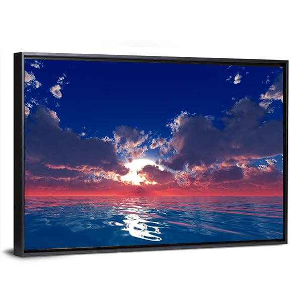 Sun With Rays In Clouds Over Ocean Sunset Canvas Wall Art-3 Horizontal-Gallery Wrap-25" x 16"-Tiaracle