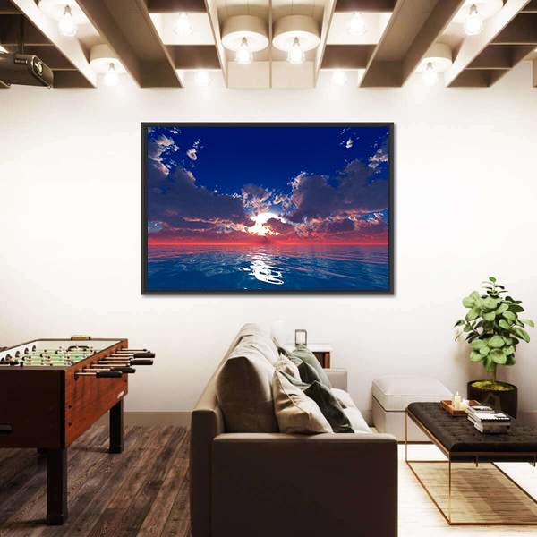 Sun With Rays In Clouds Over Ocean Sunset Canvas Wall Art-3 Horizontal-Gallery Wrap-25" x 16"-Tiaracle
