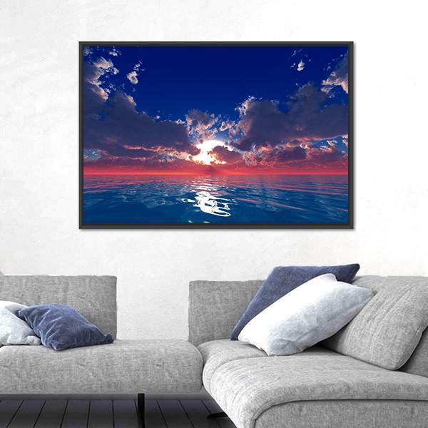 Sun With Rays In Clouds Over Ocean Sunset Canvas Wall Art-3 Horizontal-Gallery Wrap-25" x 16"-Tiaracle