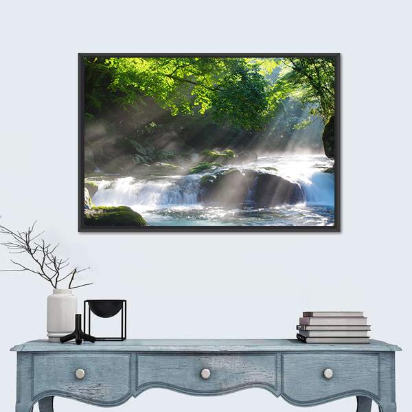 Sunlight On Mountain Stream Canvas Wall Art-1 Piece-Floating Frame-24" x 16"-Tiaracle