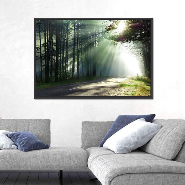 Sunlight Rays On The Forest Road Canvas Wall Art-5 Horizontal-Gallery Wrap-22" x 12"-Tiaracle
