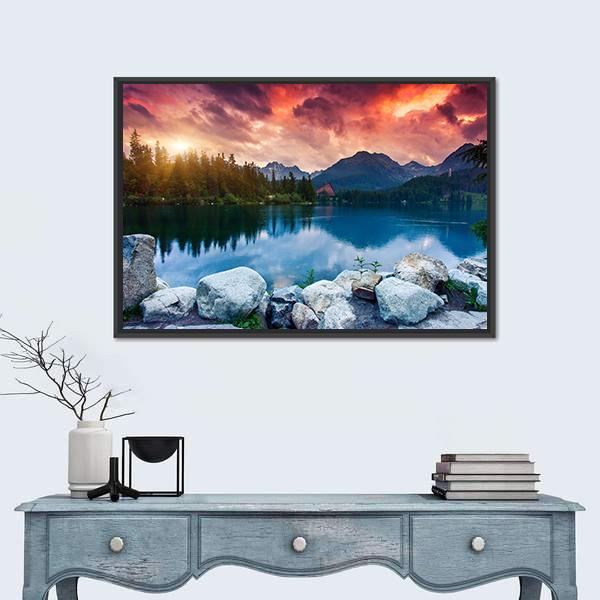Sunny Day In Mountain Lake Canvas Wall Art-1 Piece-Floating Frame-24" x 16"-Tiaracle