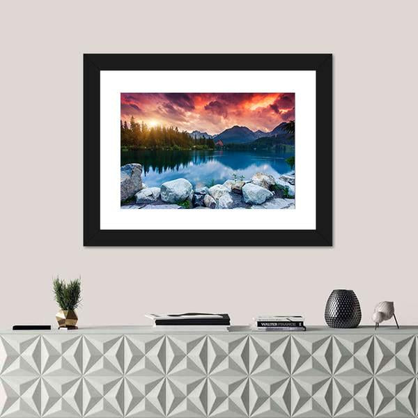 Sunny Day In Mountain Lake Canvas Wall Art-1 Piece-Framed Print-20" x 16"-Tiaracle