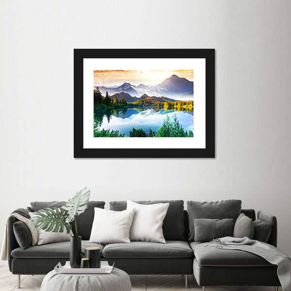 Sunny Day In Mountain &amp; Lake Canvas Wall Art-1 Piece-Framed Print-20" x 16"-Tiaracle