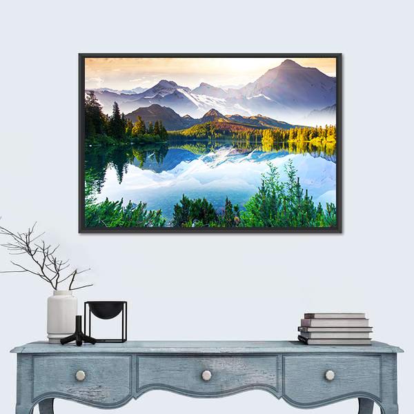Sunny Day In Mountain &amp; Lake Canvas Wall Art-5 Horizontal-Gallery Wrap-22" x 12"-Tiaracle