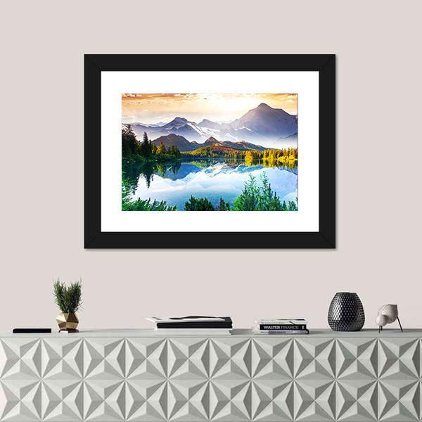 Sunny Day In Mountain &amp; Lake Canvas Wall Art-5 Horizontal-Gallery Wrap-22" x 12"-Tiaracle